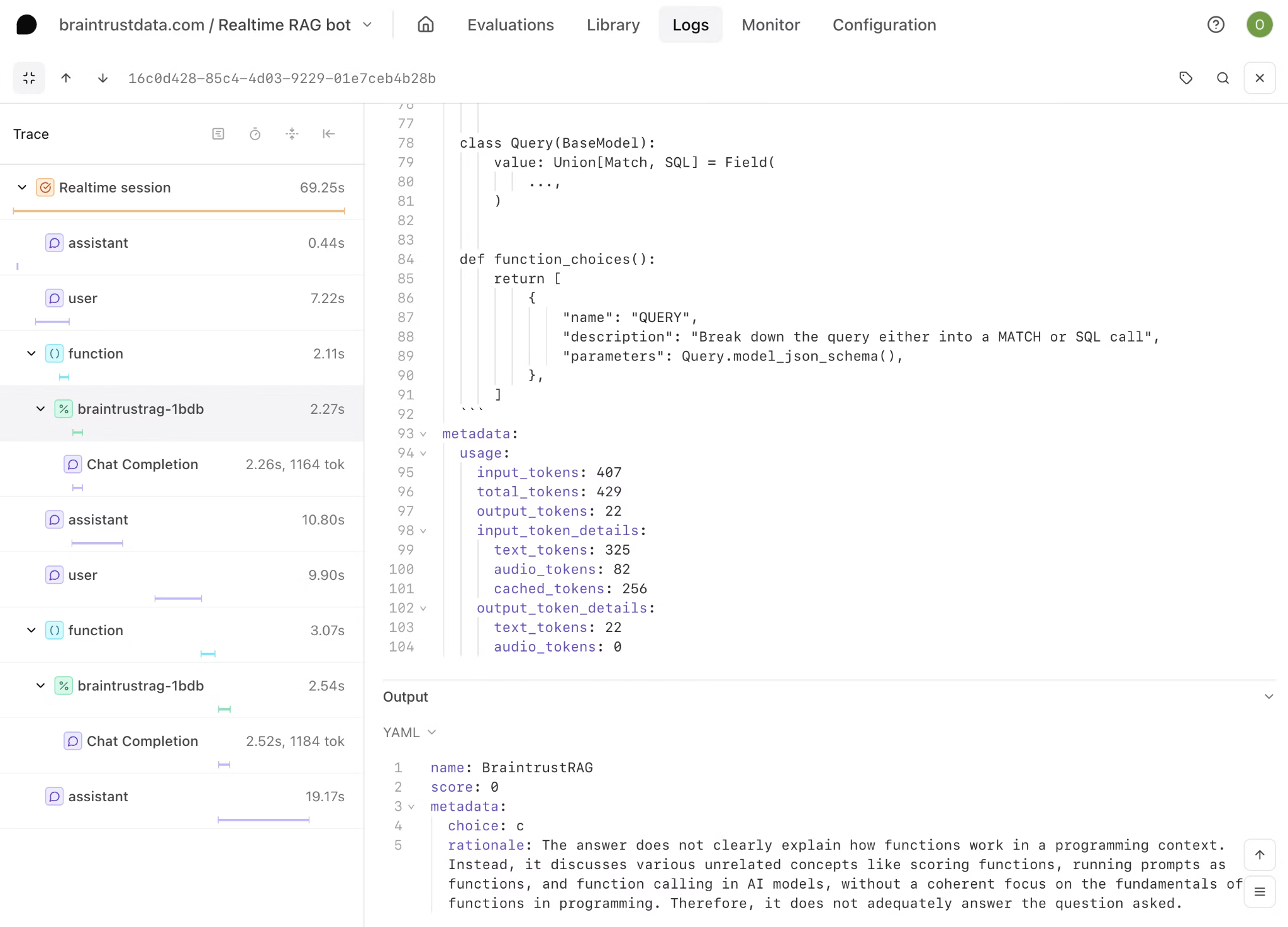 Braintrust trace view with assistant, function, and tool spans, and a YAML output showing a Factuality-style score with rationale