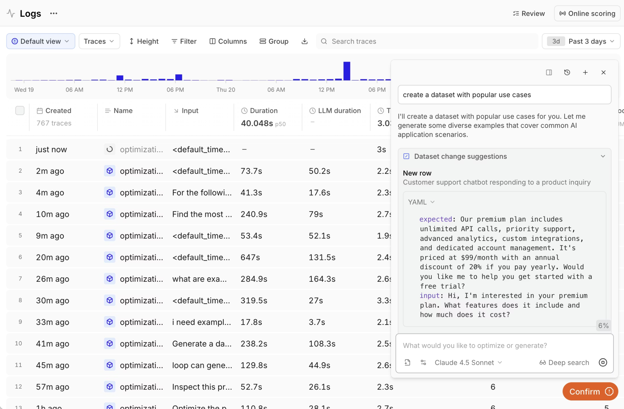 Braintrust Logs view with Loop chat suggesting a new dataset row generated from a customer support scenario