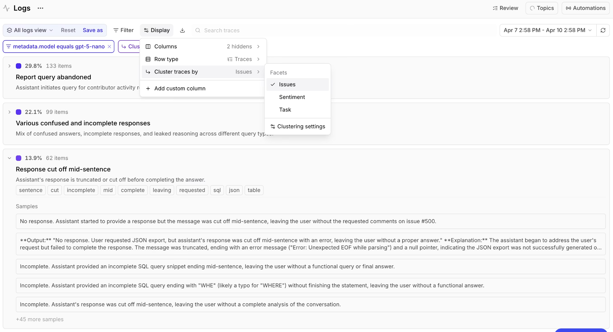 Braintrust Topics built-in Task, Sentiment, and Issues facets classifying agent traces
