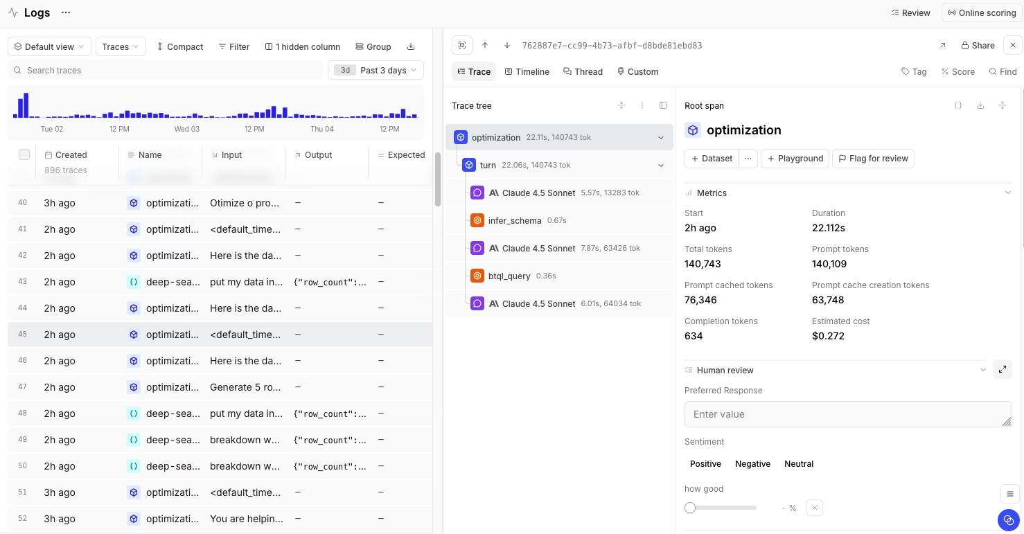 Braintrust Logs view showing classified production conversations with Topics facets and source traces