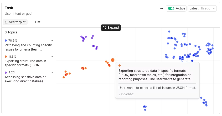 Investigating a Topics cluster by reviewing the traces grouped under a generated label